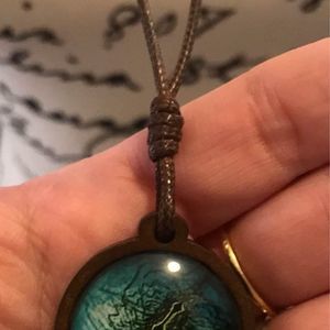 Blue Graphic Eye Necklace With Wooden Pendant Handmade Adjustable Cord